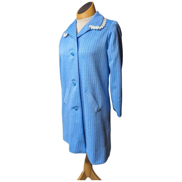 Vtg 1960s Mod Blue Polyester Pinstriped Lace Trim Collar Jacket Mini Dress M - Picture 1 of 7